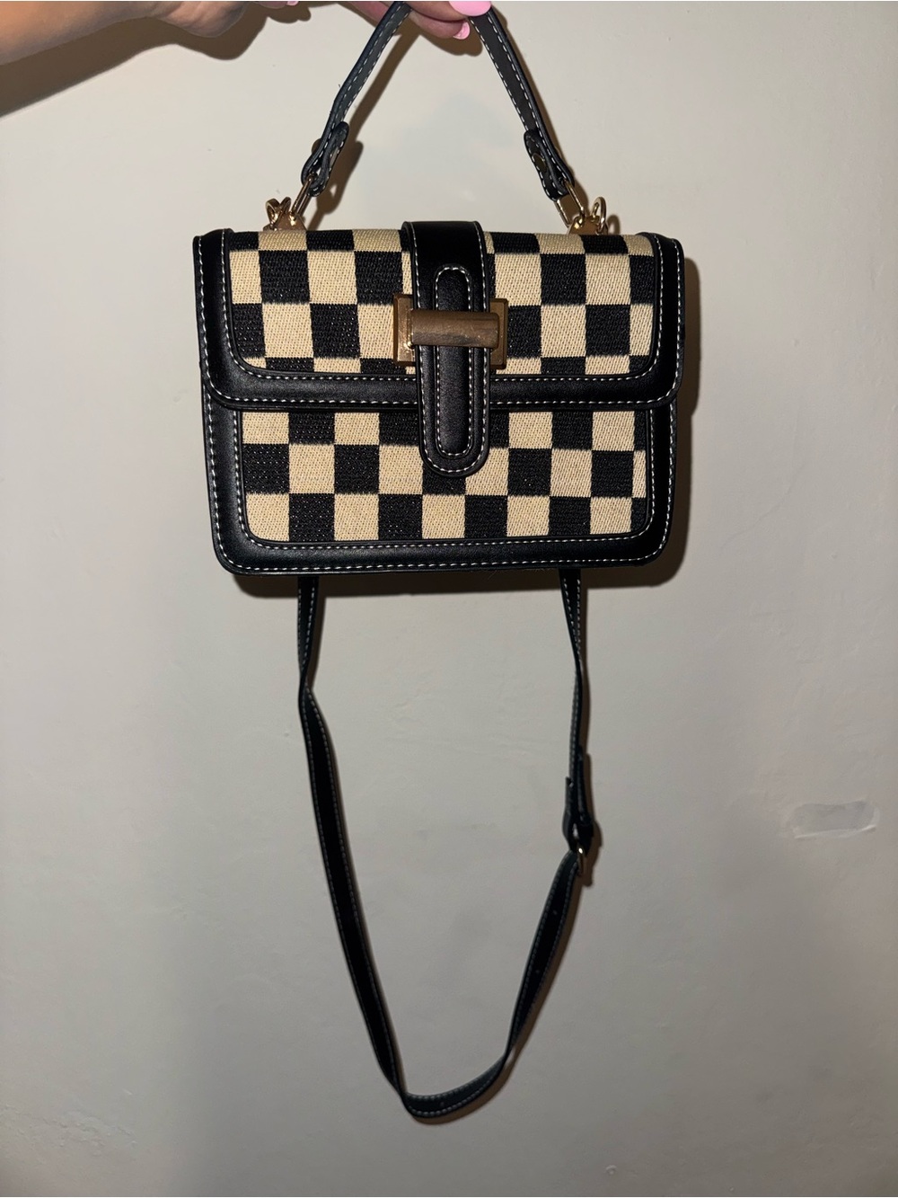 Black & Cream Checkered Top-Handle Crossbody Bag